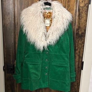 Free People Emerald Green Corduroy Jacket with Cream Faux Fur Collar